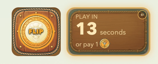 The Flippenator — the coin captains flip for every action, with the turn clock counting down beside it.
