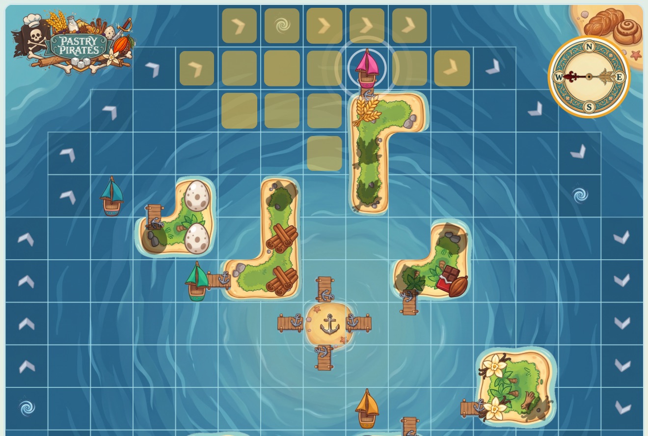 A mid-game view of the Pastry Pirates board, with ships scattered among the islands, cargo crates on the docks, and the wind compass showing the round's direction.